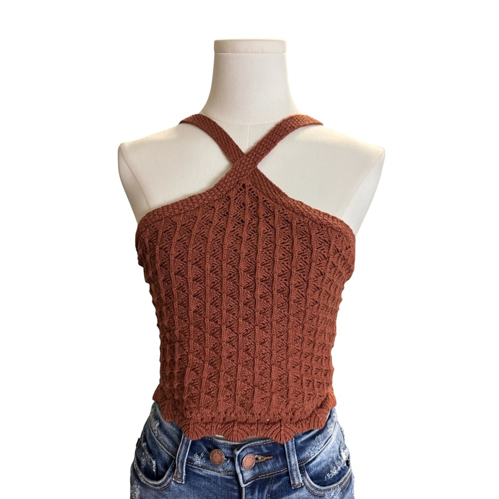Hollister Crochet Knit Halter Top Rust Brown M Cross Back Boho Chic Scallop Cami